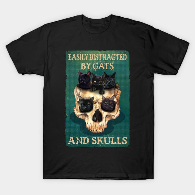 Easily Distracted By Cats And Skulls Skull Cat Lover T-Shirt by Delmonico2022